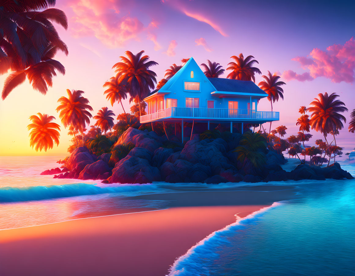 Tranquil sunset beach scene with blue house on rocky outcrop