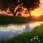 Woman in White Dress by Riverbank at Sunset with Trees and Wildflowers