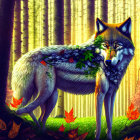 Illustrated wolf in vibrant autumn forest with golden light and fallen leaves