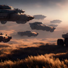 Armored airships in futuristic desert landscape at sunrise.