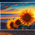 Sunflower painting on beach with sunset and waves