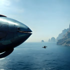 Futuristic aircraft over calm sea with mountains and another aircraft.