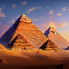 Iconic Great Pyramids of Giza at sunset casting desert shadows