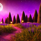 Nighttime landscape with large moon, stars, purple sky, and glowing lights in dark forest.