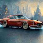 Vintage car with custom wheels in front of fantasy castle in mystical dusk.