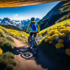 Cyclist on Mountain Trail with Yellow Wildflowers and Scenic Hills