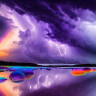 Intense lightning bolts in dramatic purple sky