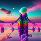 Colorful surreal digital artwork: Jellyfish entity above mirror water