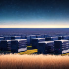 Data center servers with starry night motifs in twilight sky.