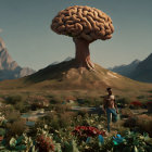 Man observing giant brain-shaped tree in surreal landscape