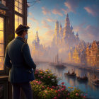 Elegantly dressed person gazes at fantastical city at sunset