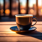 Steaming Cup of Coffee on Wooden Table at Sunrise or Sunset