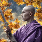 Bald Figure in Purple Robes with Sword Surrounded by Autumn Leaves