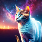 Strikingly marked cat gazes at vivid cosmic backdrop