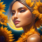 Digital portrait of woman with sunflower adornments in sunflower field under moonlit sky