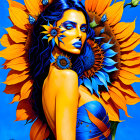 Colorful artwork of woman with blue skin, sunflowers, and butterflies on blue background