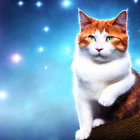 Orange and White Cat with Green Eyes on Star-Lit Blue Background