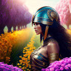 Ancient warrior woman in decorated helmet among vibrant flowers