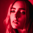 Contemplative woman with wavy hair in intense red lighting