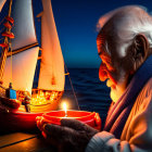 Elderly man with white beard holding candle admires model sailing ship at night