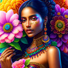 Illustrated Woman with Blue Bindi Surrounded by Colorful Flowers