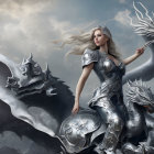 Silver-armored woman with white hair and dragons in stormy sky.