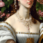 Classical painting detail: Woman with styled brown hair, gold jewelry, roses, white dress