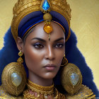 Regal woman with striking makeup and blue & gold headdress & jewelry