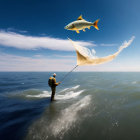 Man standing on ocean wave with flying goldfish and drone.