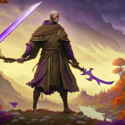 Bald fantasy character in purple robes with glowing sword and staff on rocky landscape