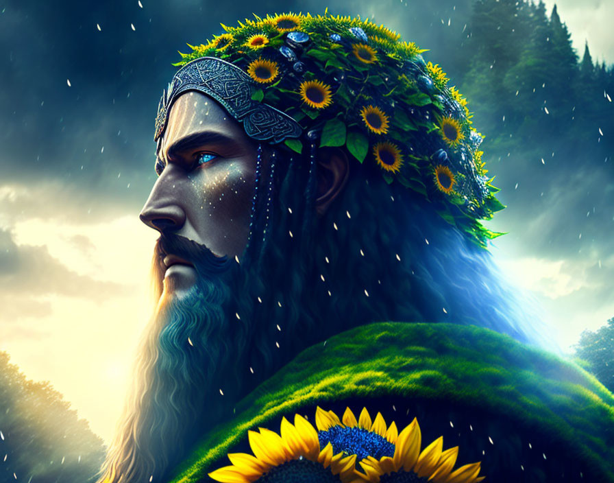 Illustrated figure with sunflower crown in rain shower, mystical forest background