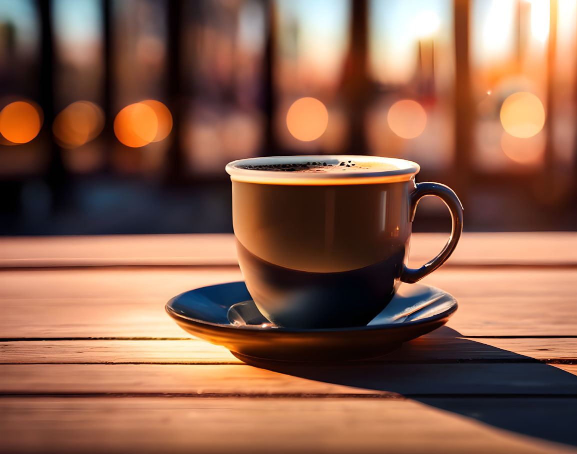 Steaming Cup of Coffee on Wooden Table at Sunrise or Sunset