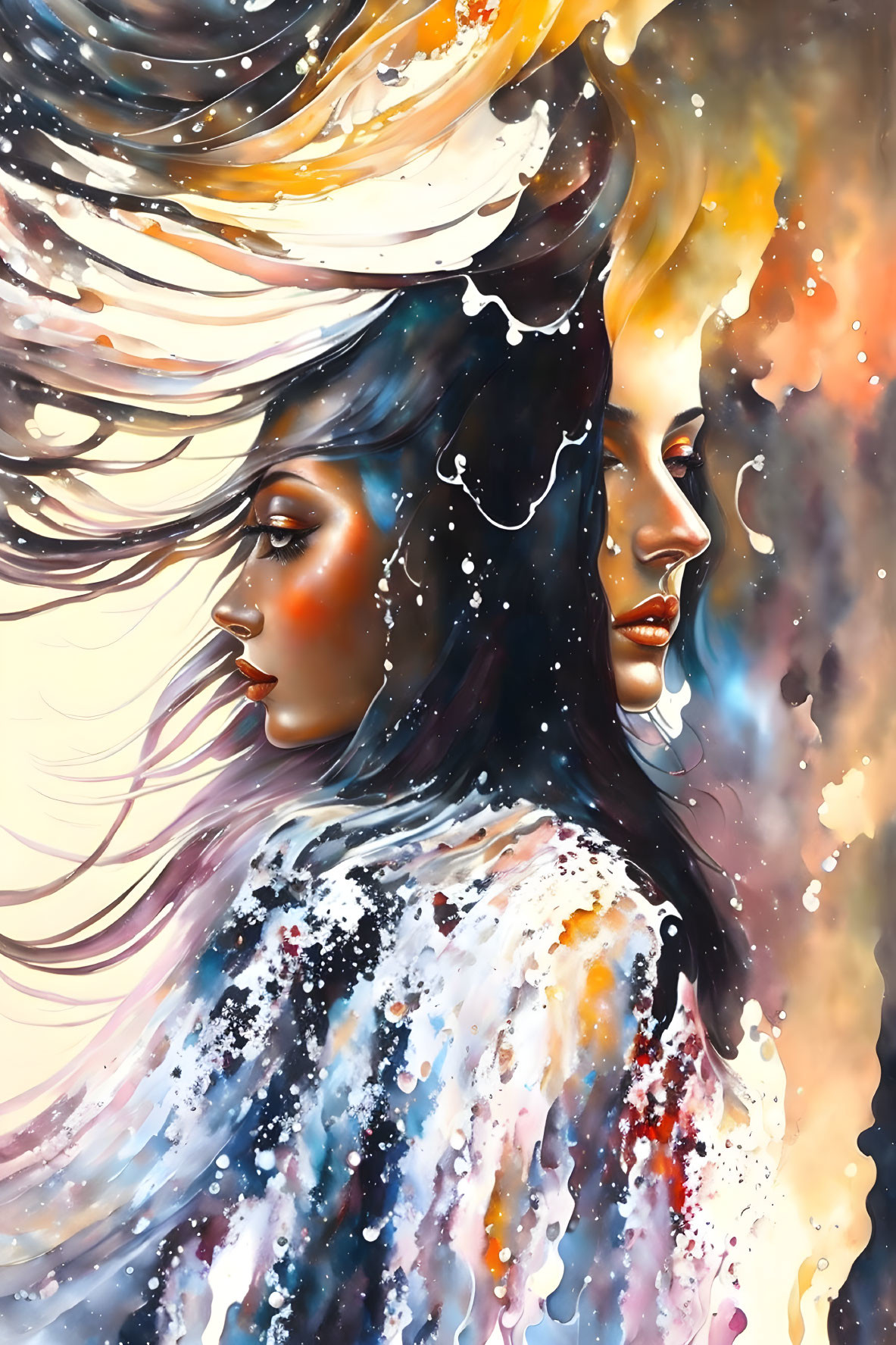 Colorful Watercolor Art: Stylized Female Figures with Flowing Hair