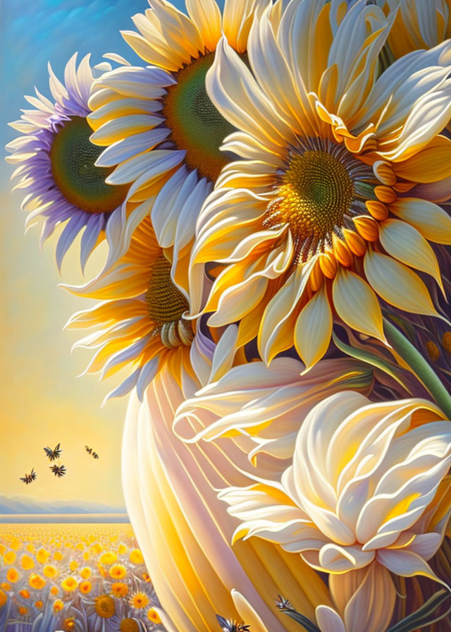 Colorful sunflower painting with bees and sunny background