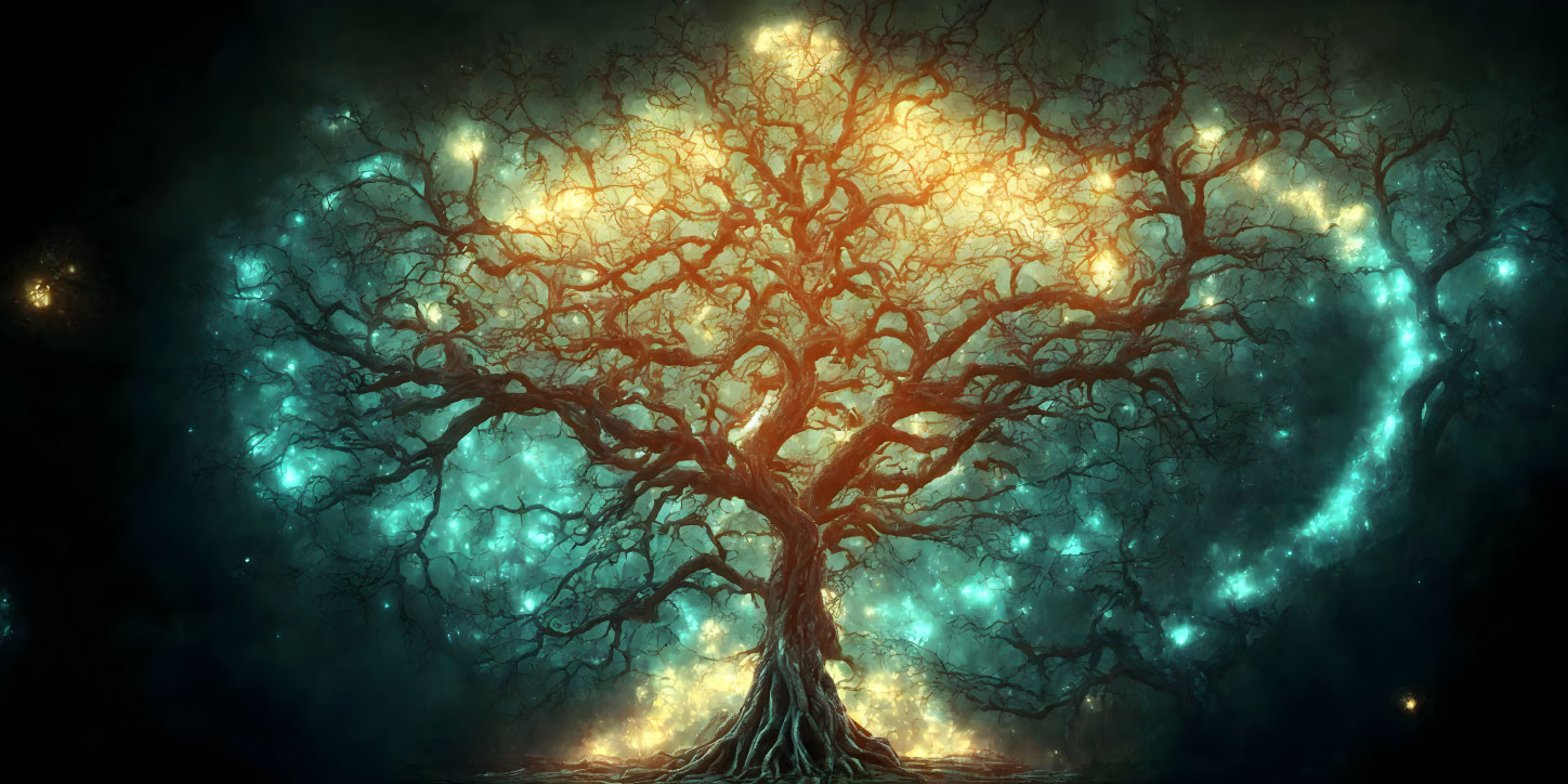 Mystical tree with glowing yellow and blue leaves in enchanted forest