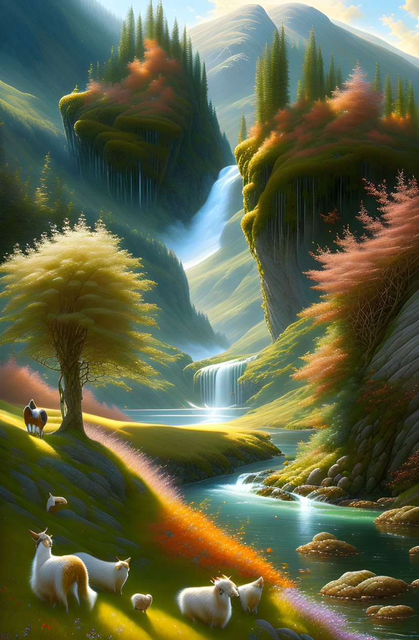 Serene fantasy landscape with lush greenery, waterfalls, flowers & mythical white goats