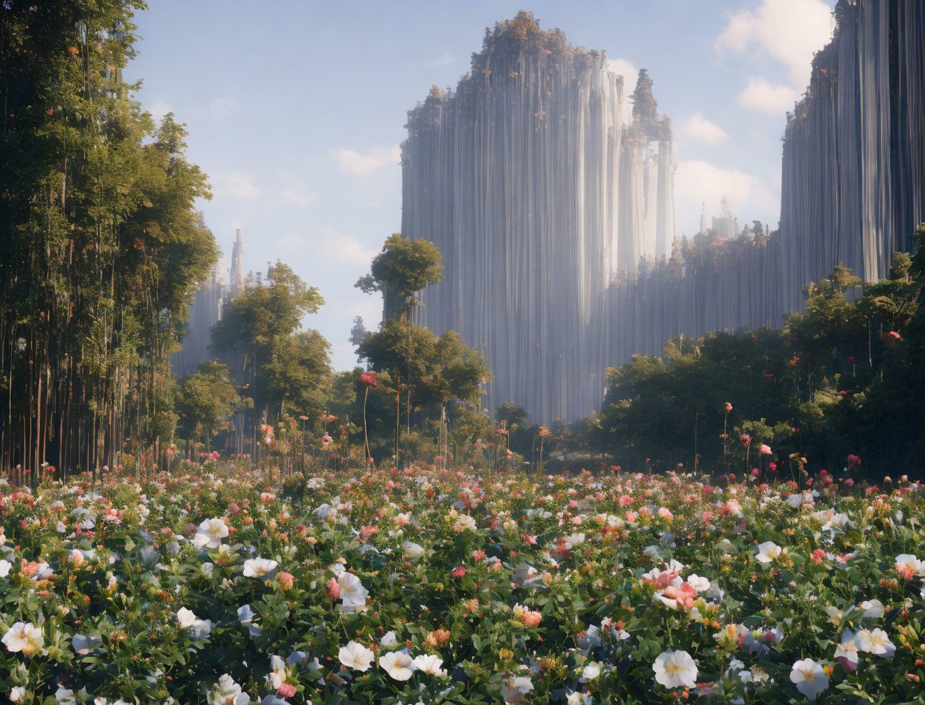 Tranquil landscape with towering rock formations and colorful flowers