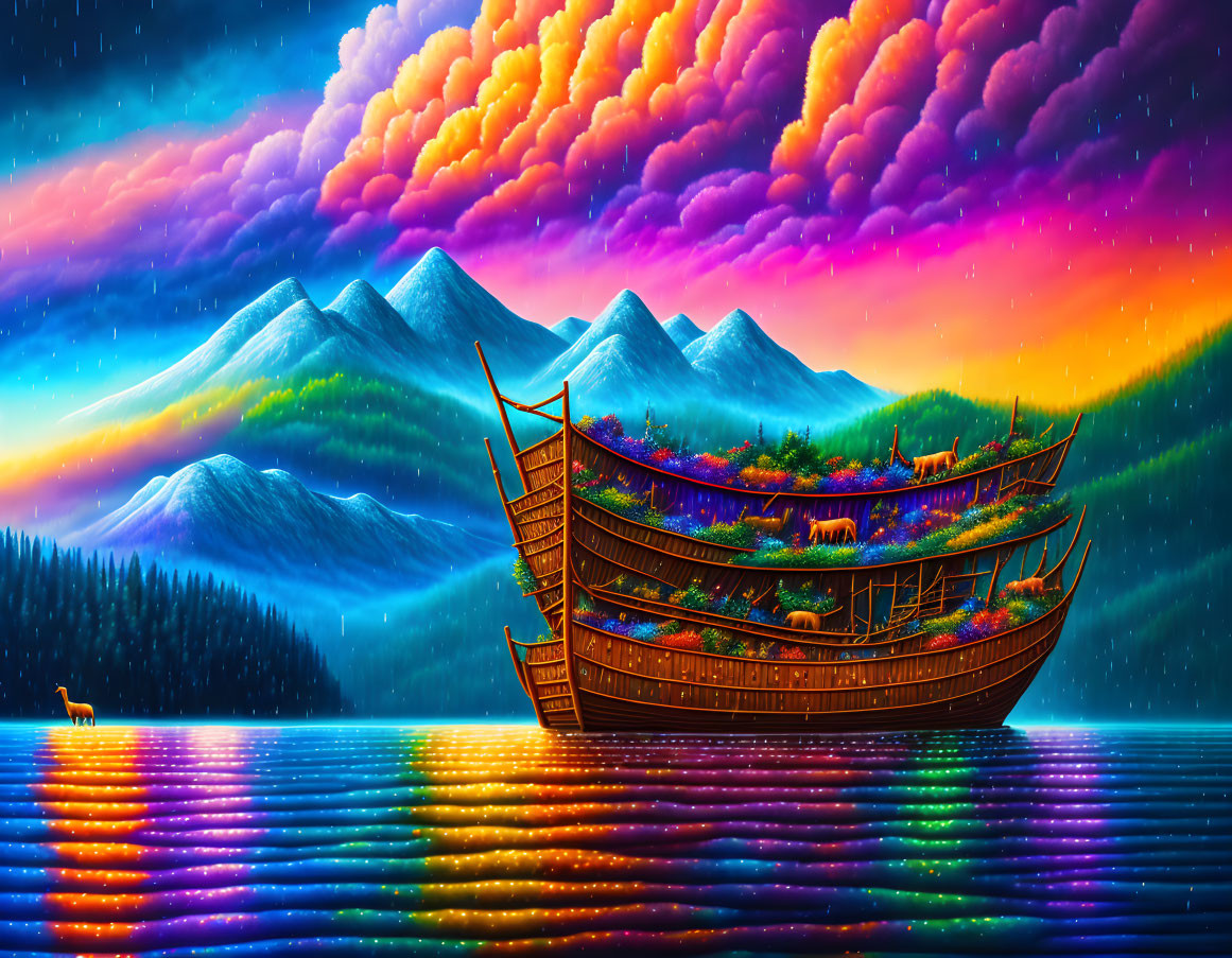 Colorful landscape with ancient ship on tranquil sea under northern lights, rainbow clouds, serene mountains