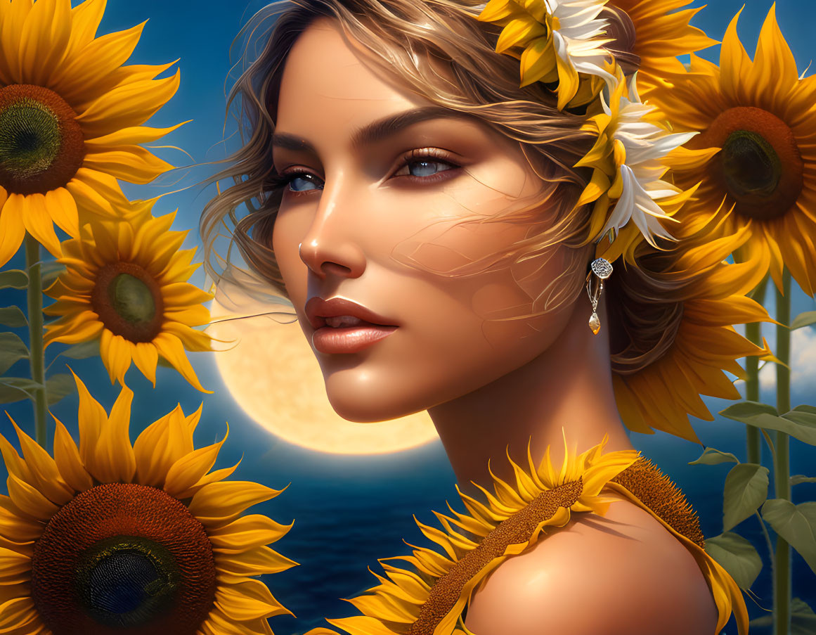 Digital portrait of woman with sunflower adornments in sunflower field under moonlit sky