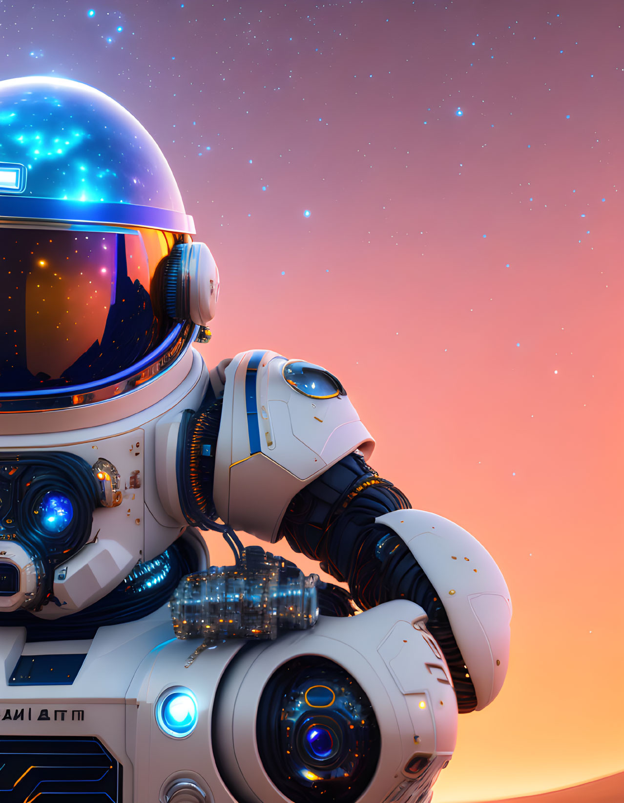 Detailed White and Blue Spacesuit Astronaut Stargazing at Sunset