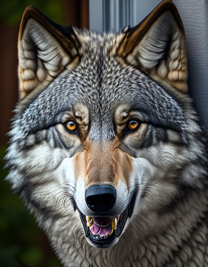 Detailed close-up of wolf's face with intense amber eyes and sharp teeth, blurred background