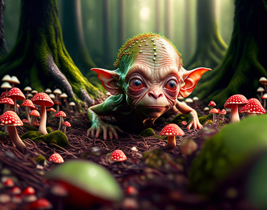 Fantastical creature with large ears in vibrant forest setting