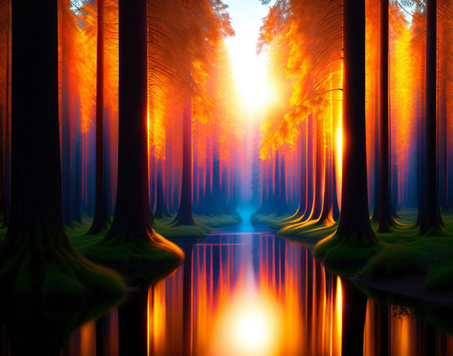 Tranquil forest scene with tall trees, reflecting in calm water under a warm sunset.