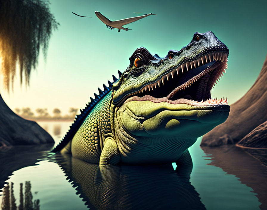 Colorful Smiling Crocodile Creature with Bird by Lakeside