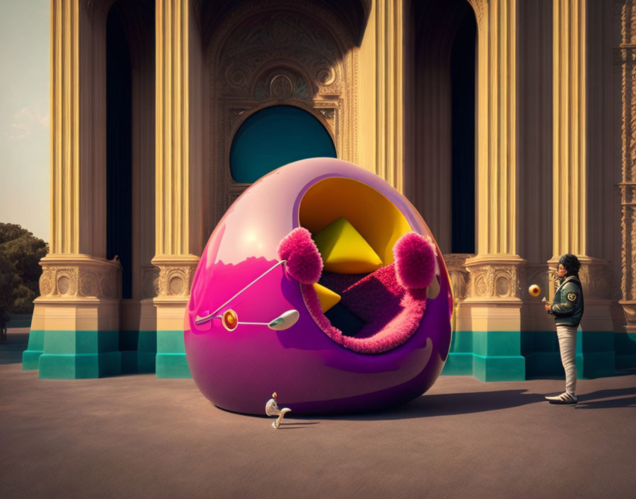 Person near shiny purple and gold egg-shaped object with bird and classical architecture.