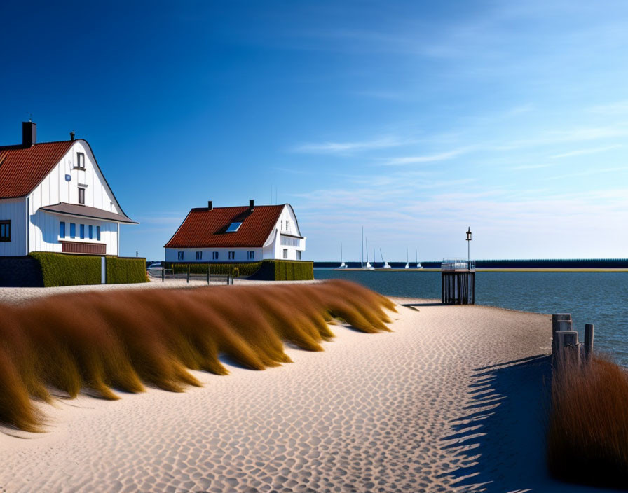 Scenic coastal village with white houses, red roofs, and sailboats on calm sea