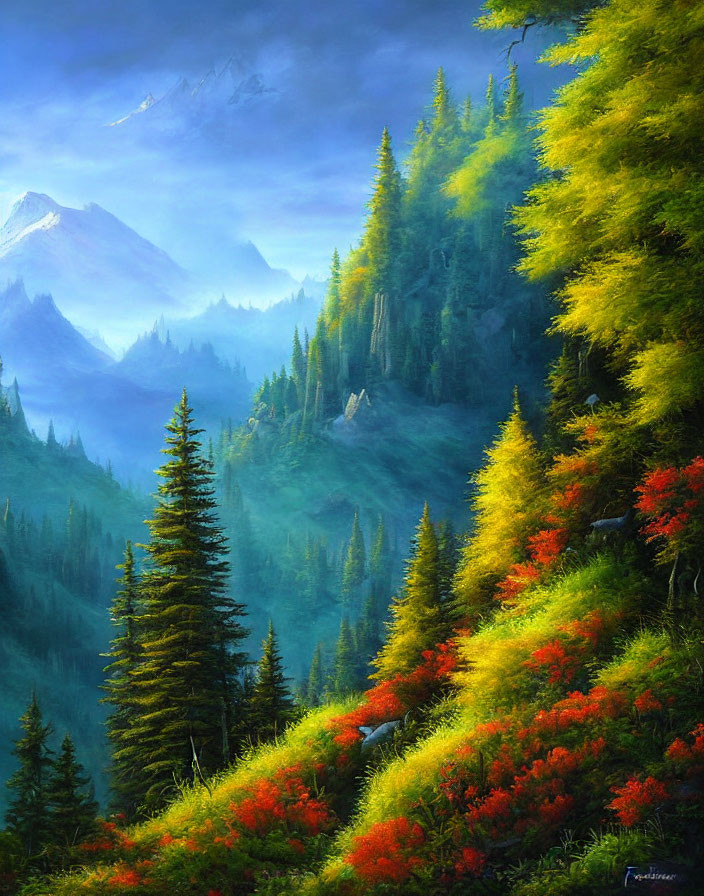 Vibrant yellow and red foliage in lush green forested hills under a soft blue sky