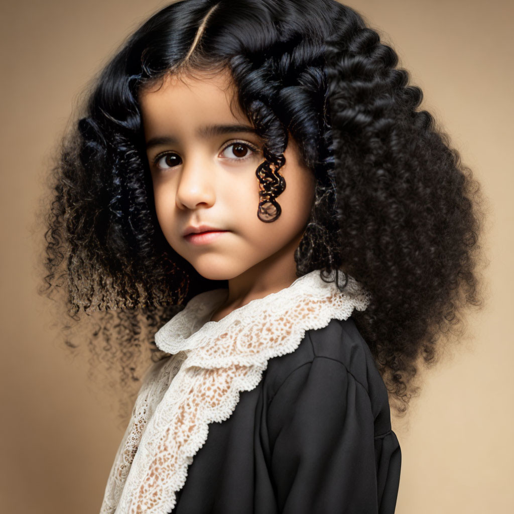 Young girl with voluminous curly hair in black dress against beige background