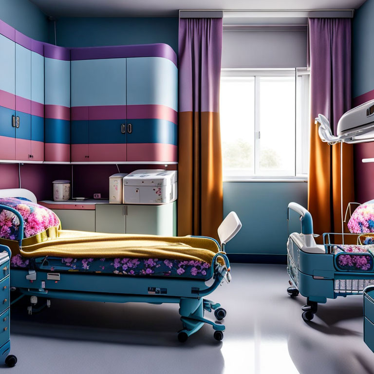 Vibrant hospital room with patterned bedding and purple curtains