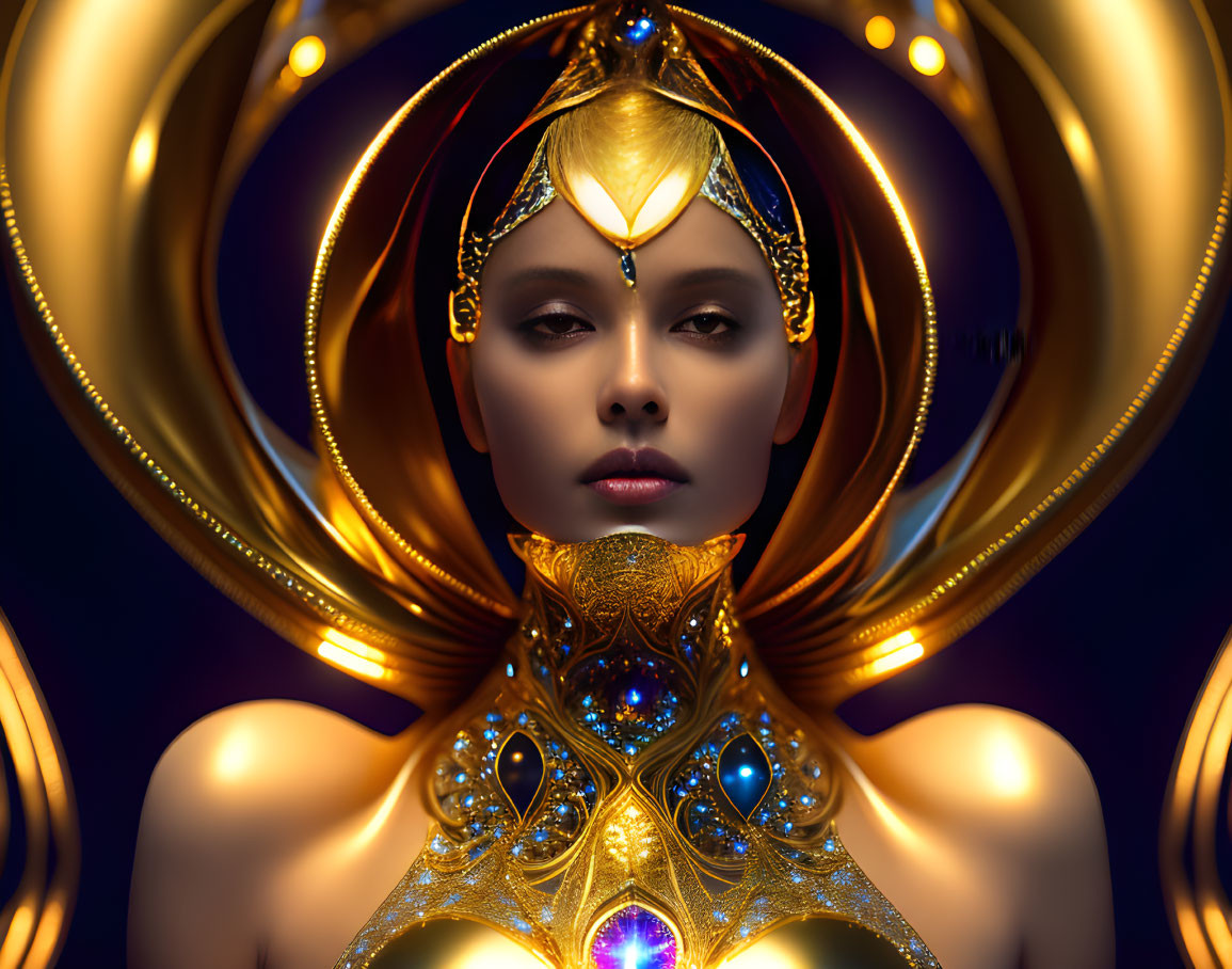 Woman in Golden Armor with Gemstones and Headdress Against Golden Circles